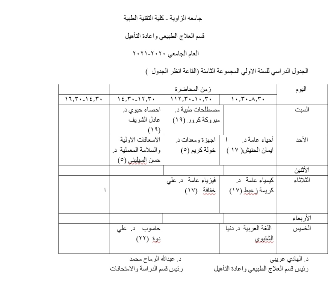 الجدول الدراسي للسنة الأولى للعام الجامعي 2021/2020م